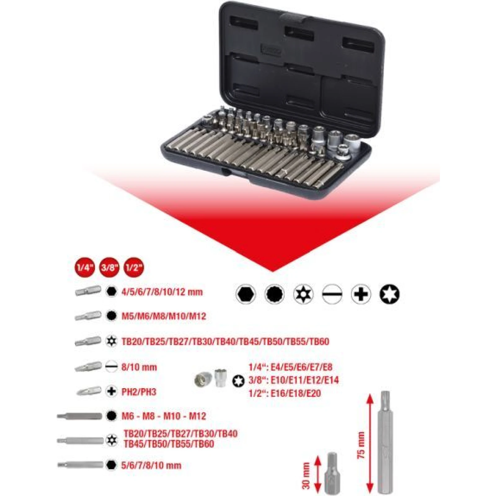 KS TOOLS Satz Steckschlüssel und Bits 1/4 -1/2 , TX-Profil, 57-teilig 911.4305