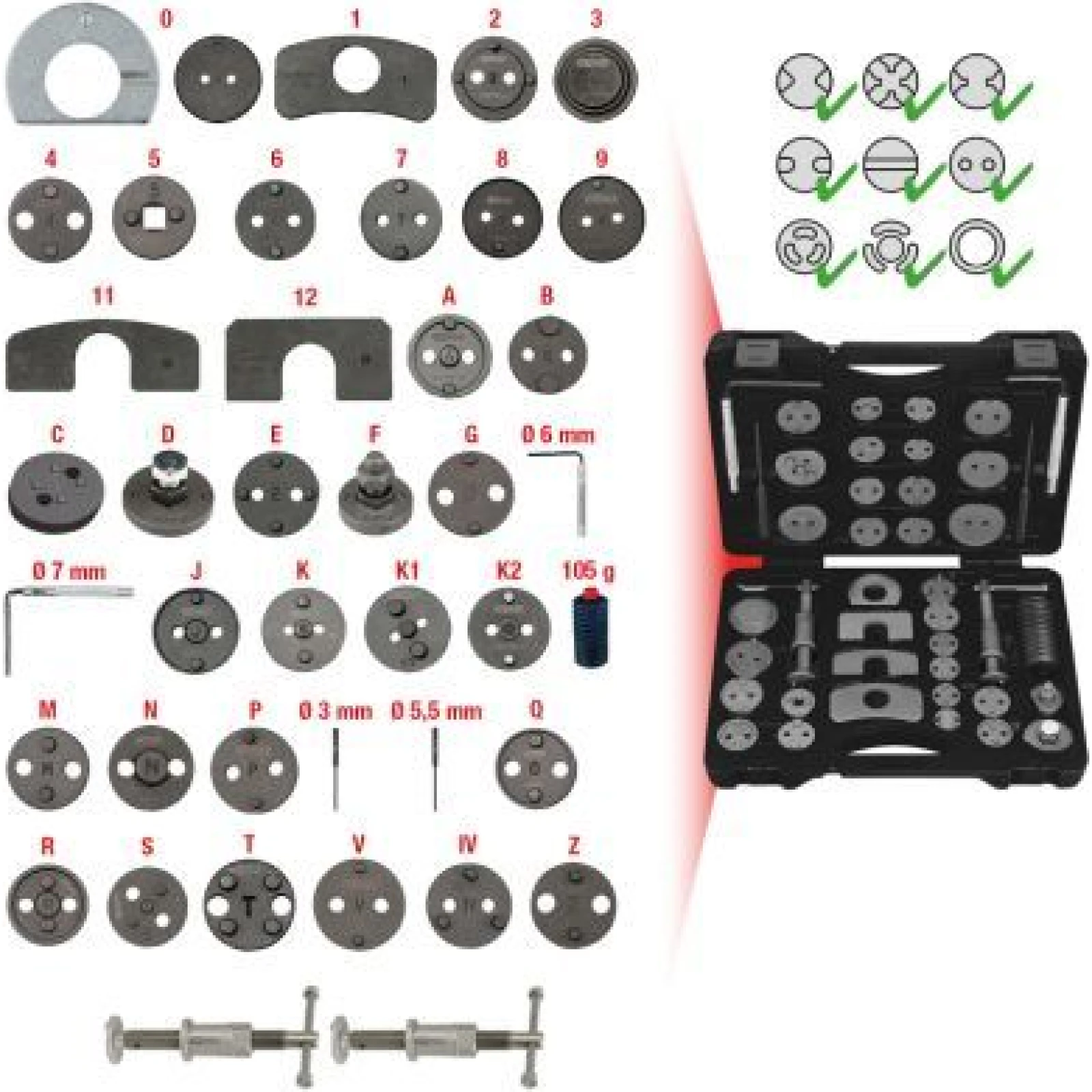 KS TOOLS Werkzeugsatz zum Zurücksetzen der Bremszylinderkolben, 41-teilig 150.1970
