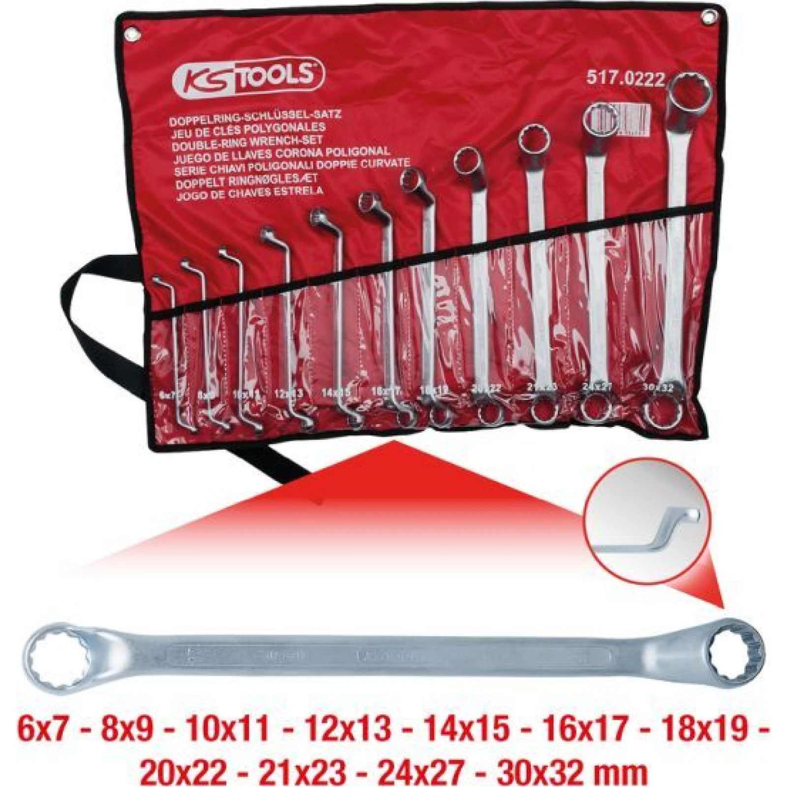 KS TOOLS CLASSIC Doppel-Steckschlüsselsatz, gebogen, 11-teilig, 6-32 mm 517.0222