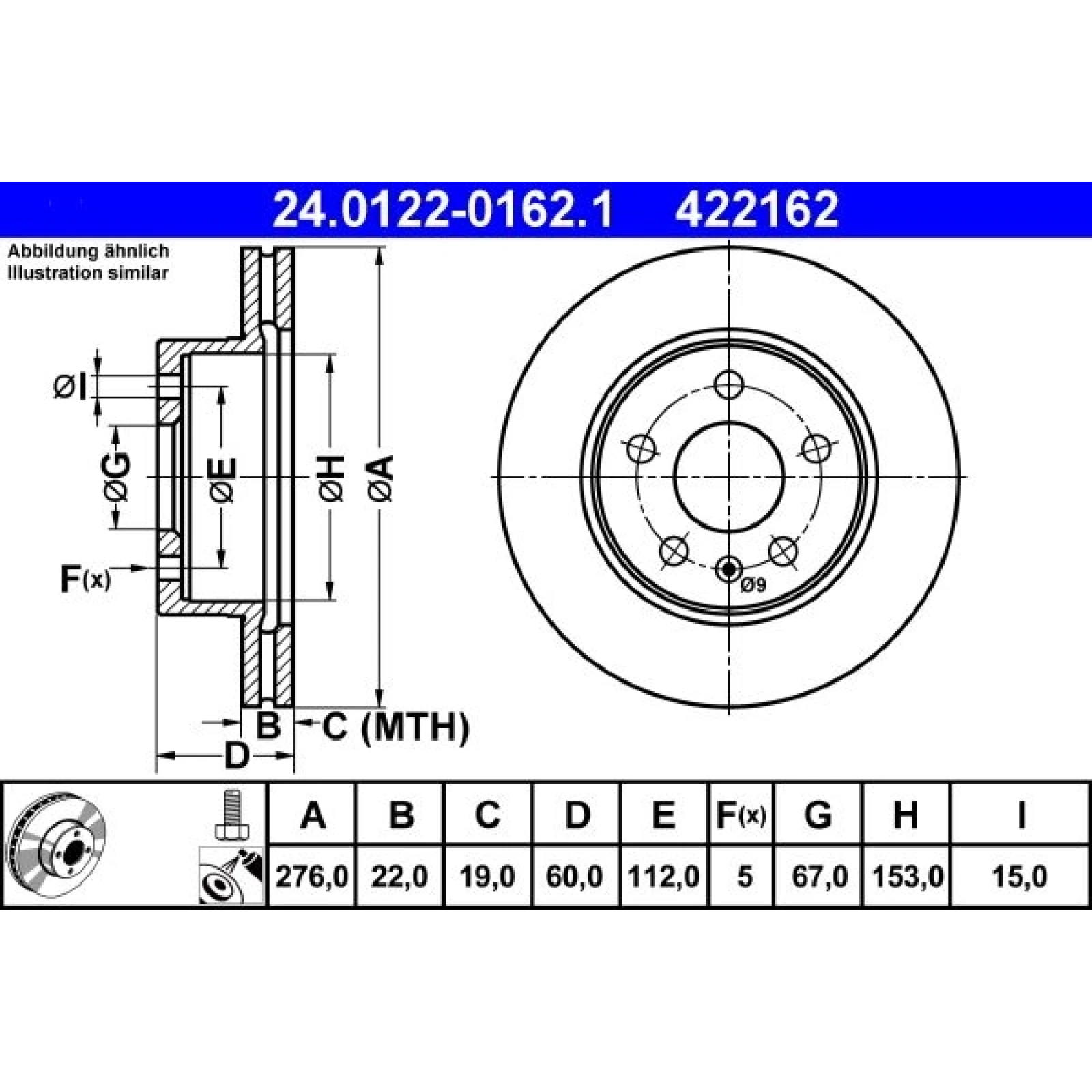 ATE Bremsscheibe Mercedes-Benz Vorderachse Vito 96-03 24.0122-0162.1