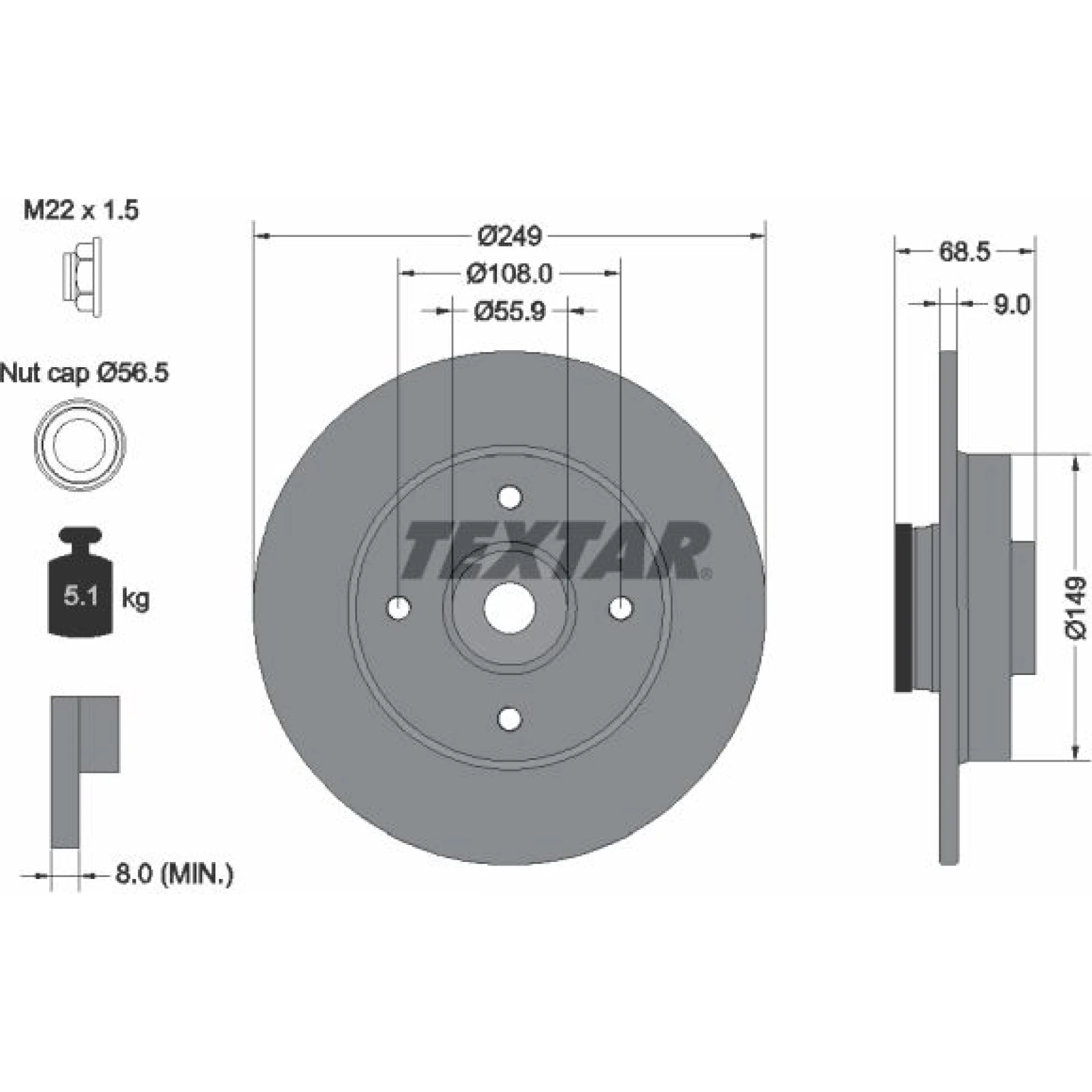 Textar Bremsscheibe 92133303 – 249 x 9, mit Radlager