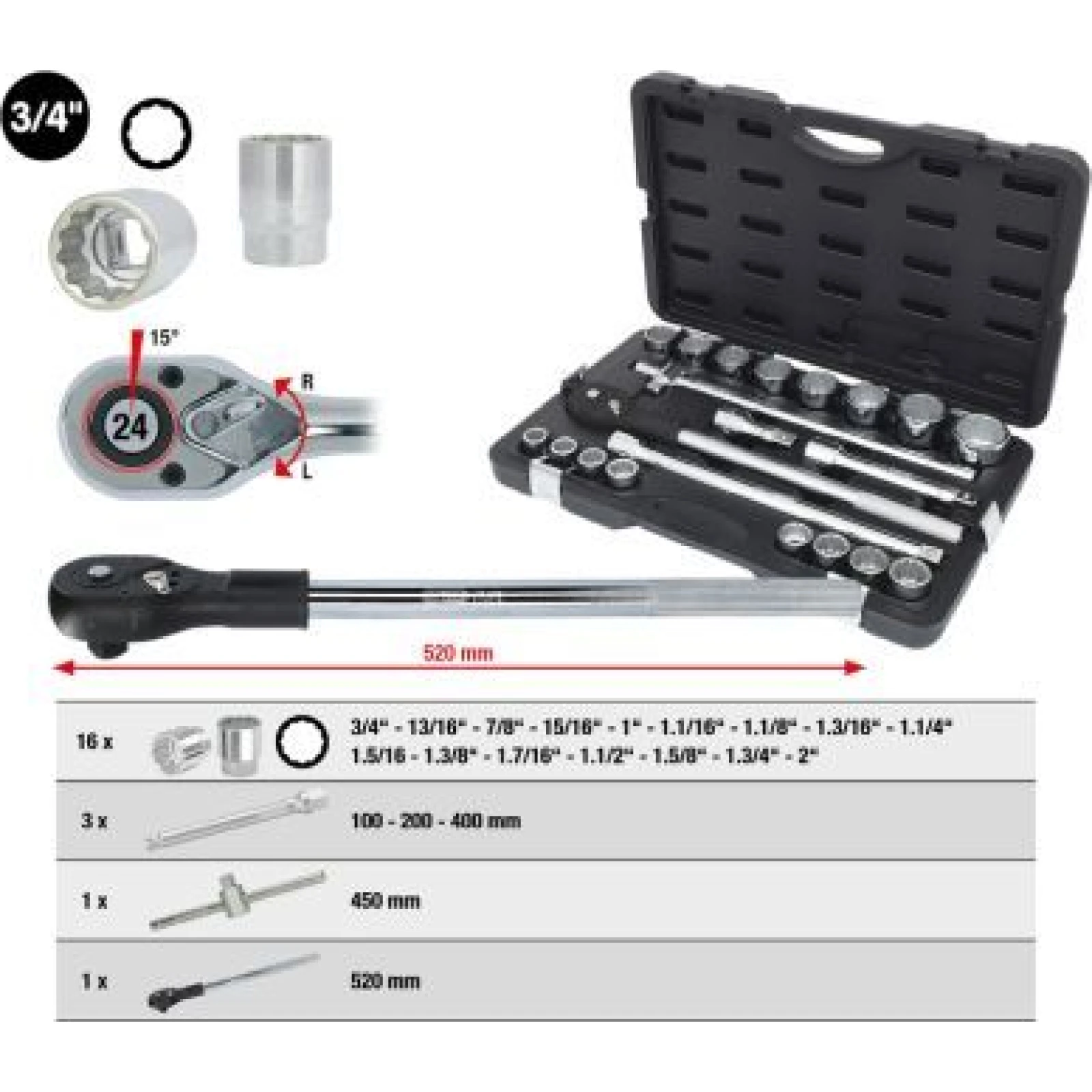 KS TOOLS Steckschlüsselsatz 3/4 , 21-teilig, zwölfkant 911.0751