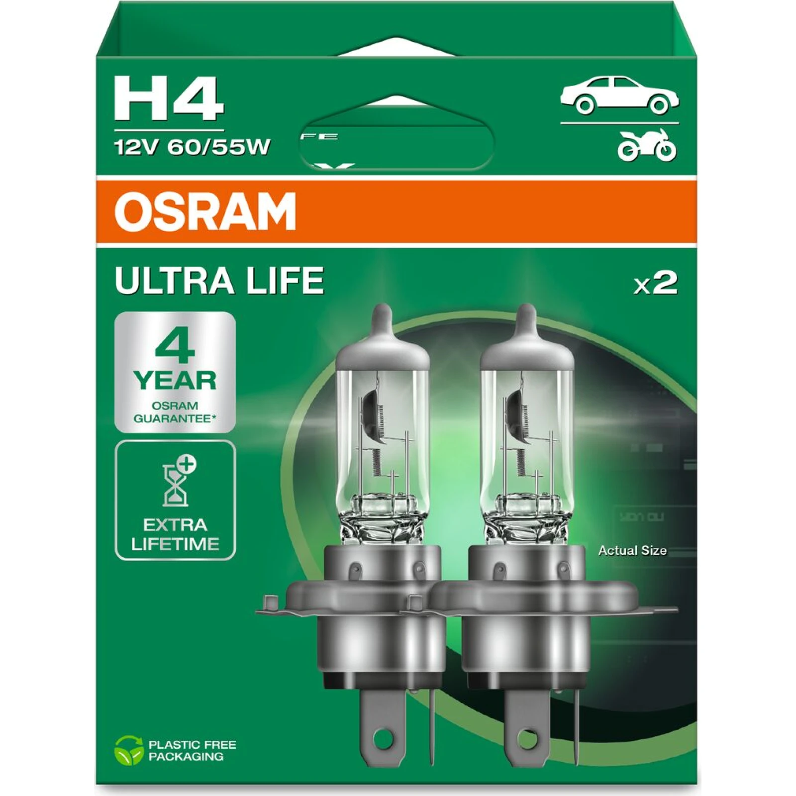 OSRAM H4 12V 60/55W P43t ULTRA LIFE 4 Jahre Garantie, 2 Stk