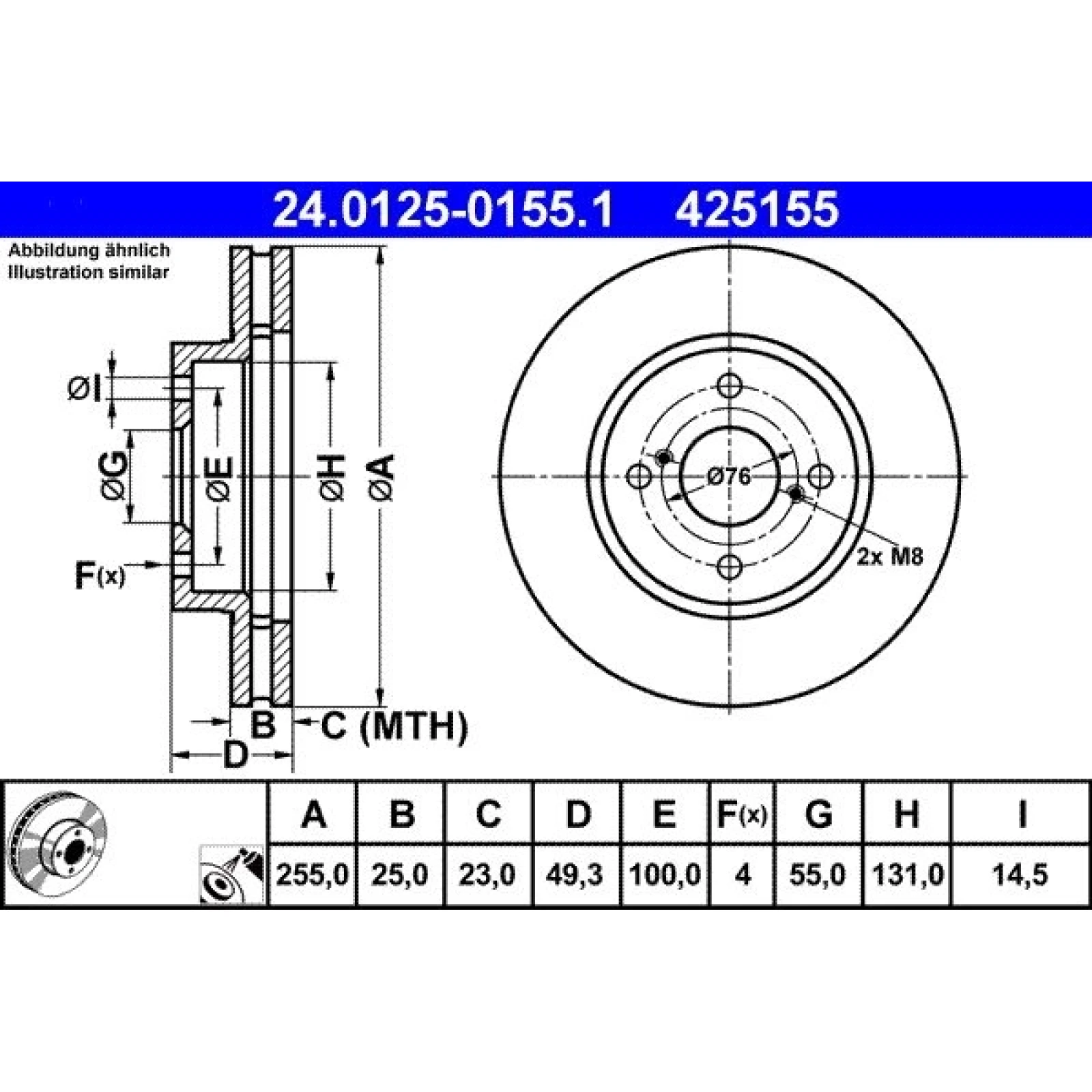ATE Bremsscheibe Toyota Vorderachse Corolla 1.4-1.6 Vvt-I 02-07 24.0125-0155.1