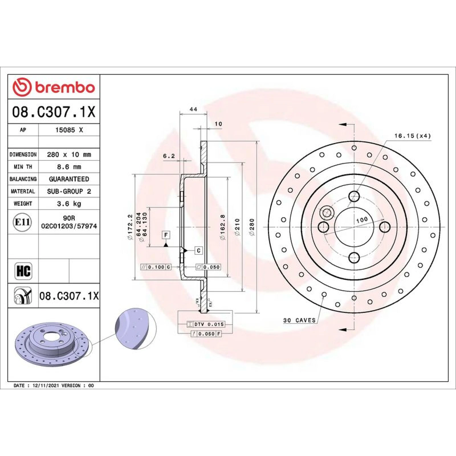 Brembo Bremsscheibe Hinterachse 08.C307.1X