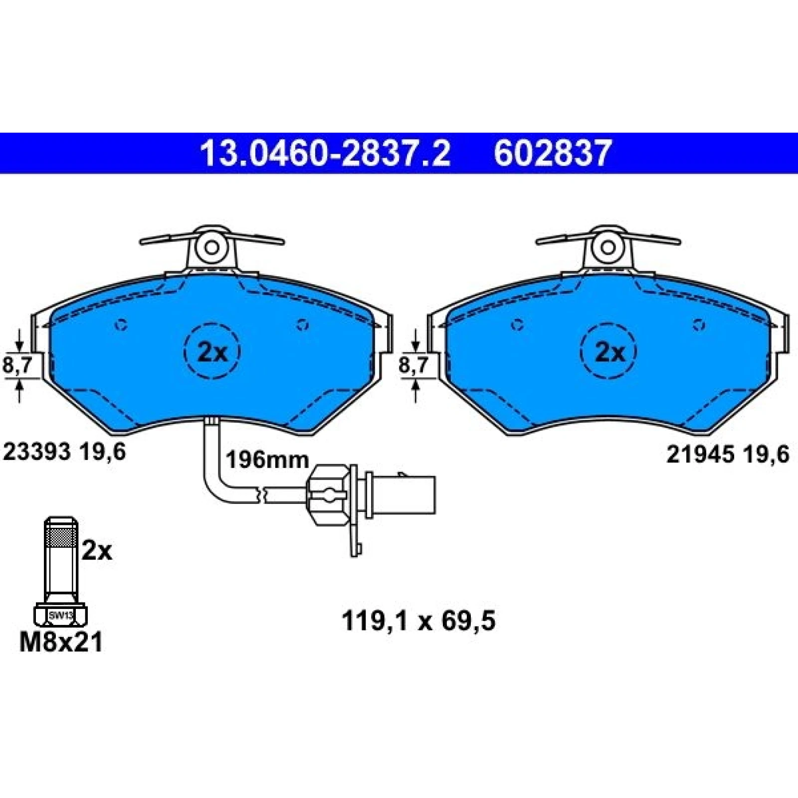 Bremsbelagsatz Audi P. A4 1.6-3.2 94-08 Mit Sensor 13.0460-2837.2