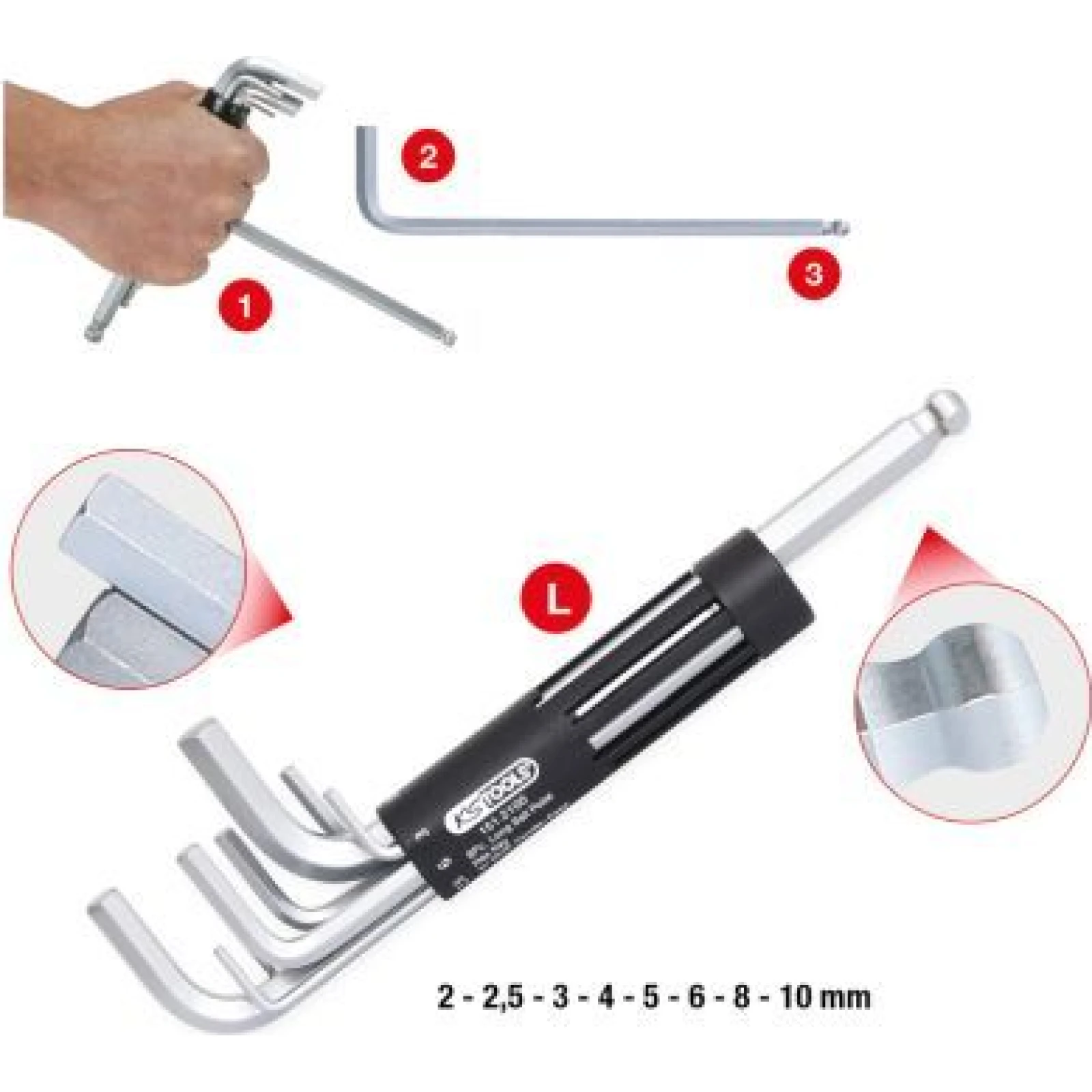 KS TOOLS 3-in-1 8-teiliger Winkelschlüsselsatz mit langem Rundkopf und Innensechskant 151.2100