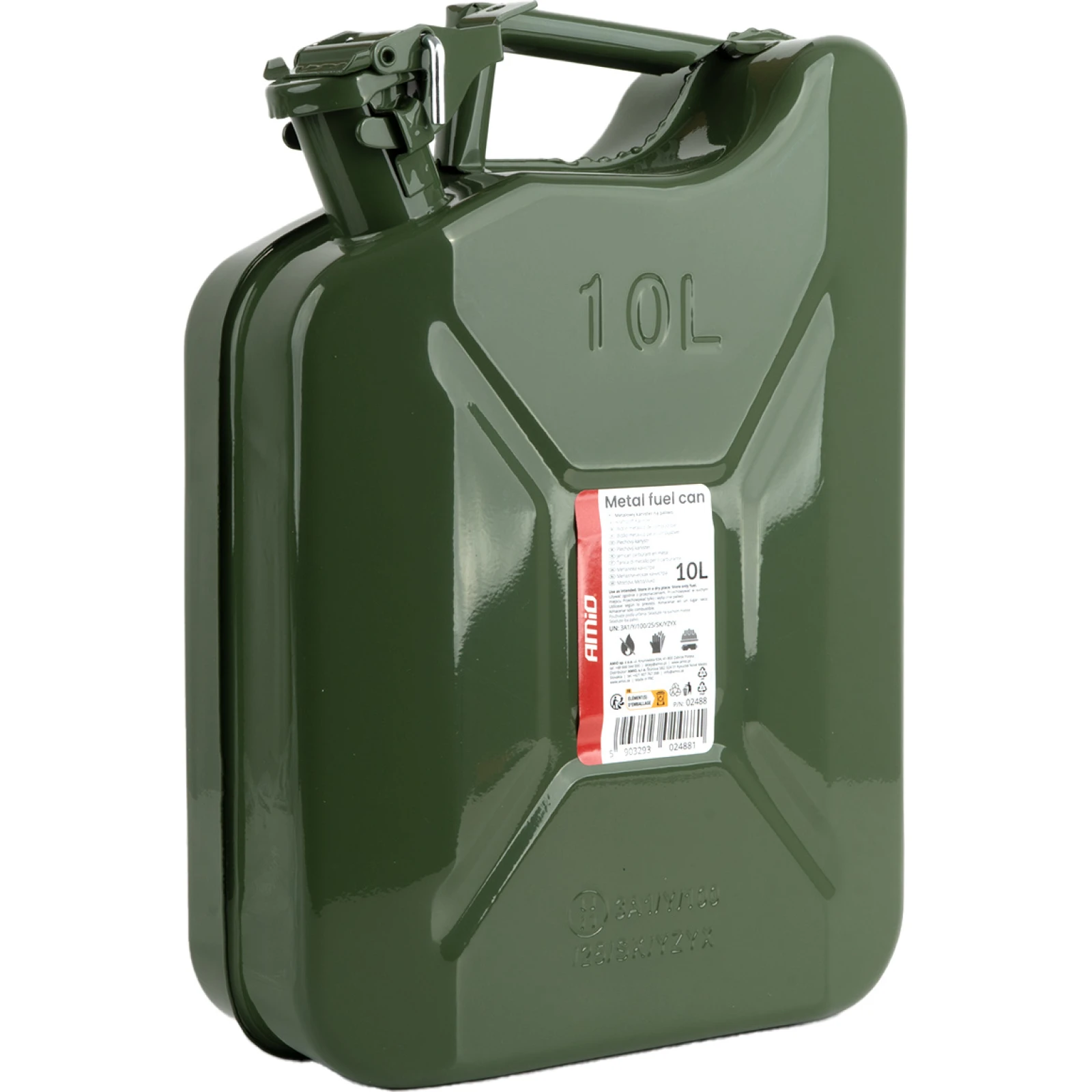 02488 AMiO Kraftstoffkanister 10 Liter Metall grün für Benzin und Diesel – UN-zertifiziert mit Sicherungsstift – 02488