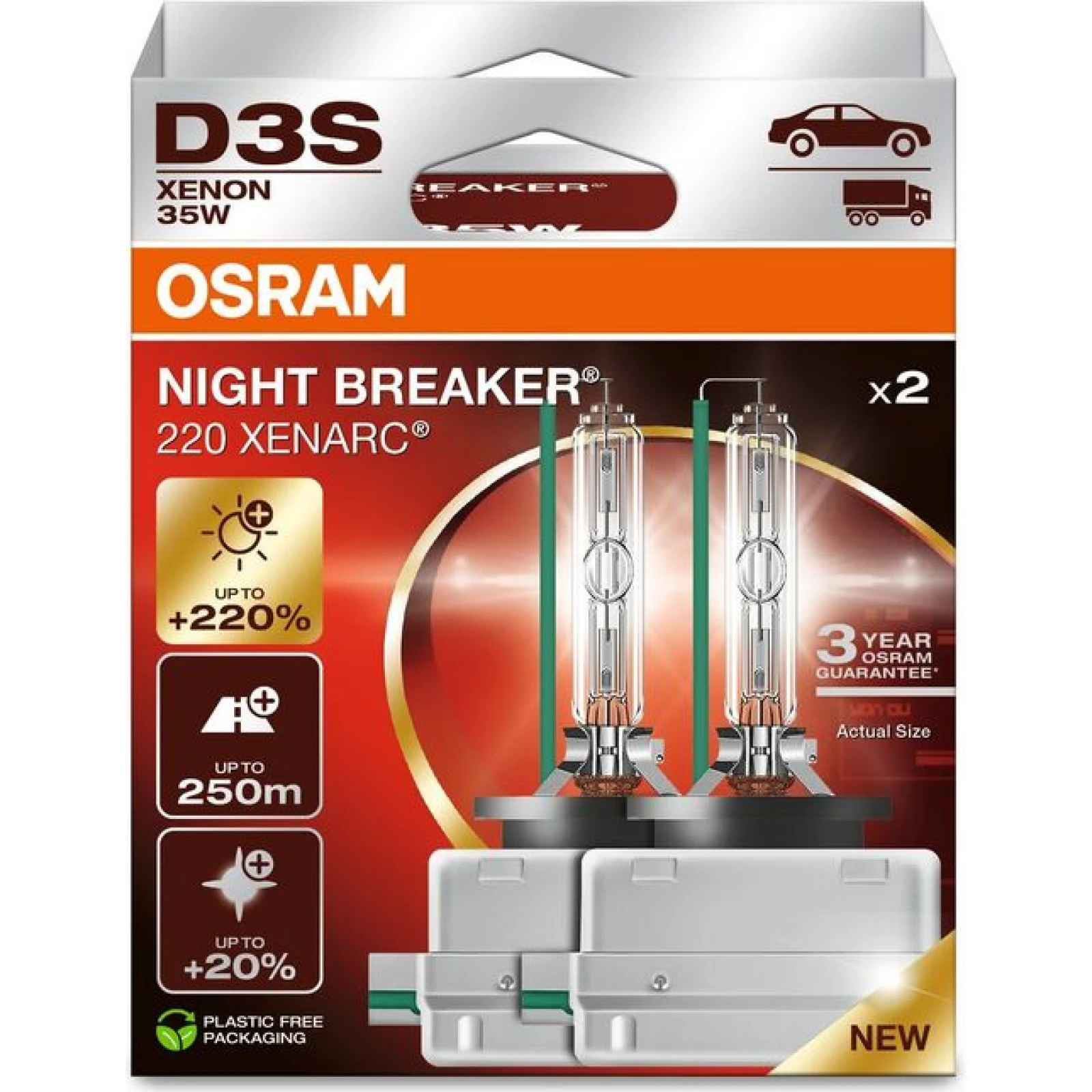 OSRAM D3S 35W XENARC NIGHT BREAKER LASER +220% 3 Jahre Garantie 2 St 66340XN2-2HB