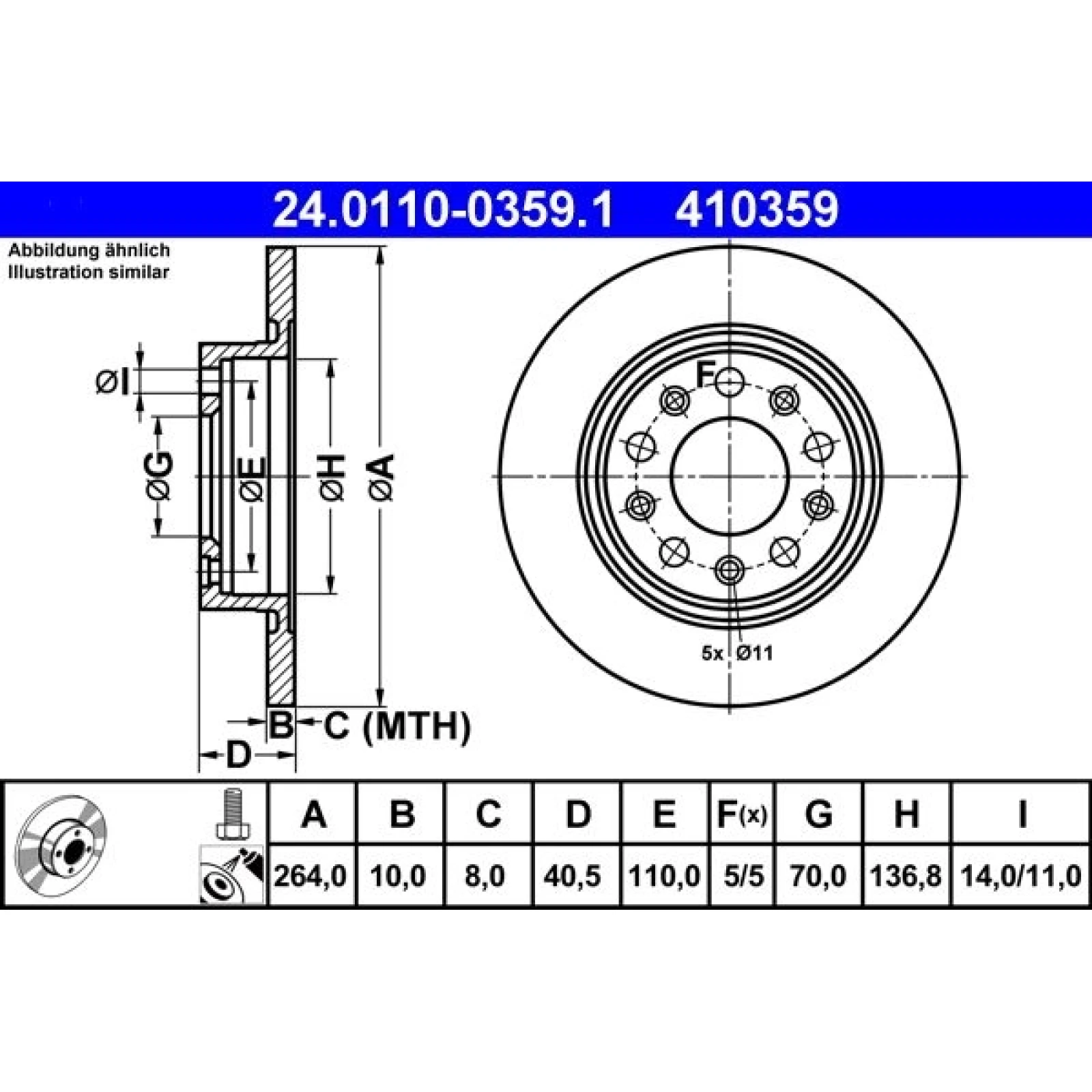 ATE Bremsscheibe Alfa Romeo Hinterachse Giulietta 1.4/1.6-2.0 JTDM 10 24.0110-0359.1