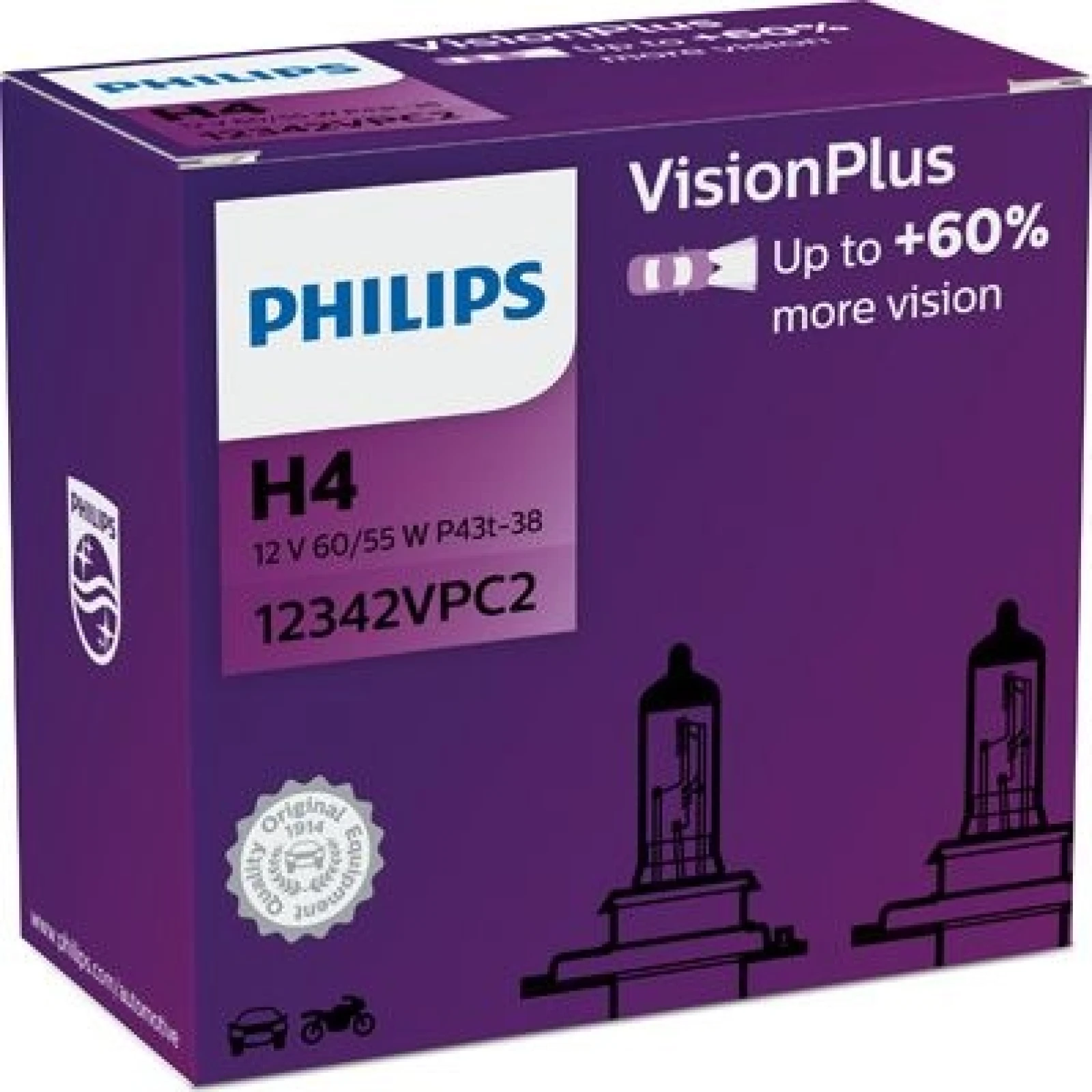 H4 12V 60/55W P43t Vision Plus +60% 2 St. Philips 12342VPC2