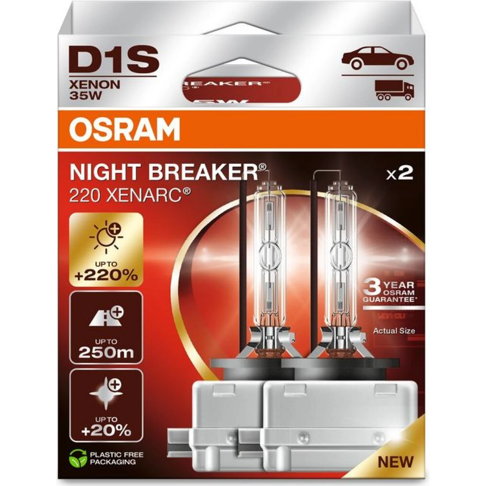 OSRAM D1S 35W XENARC NIGHT BREAKER LASER +220% 3 Jahre Garantie 2 St 66140XN2-2HB