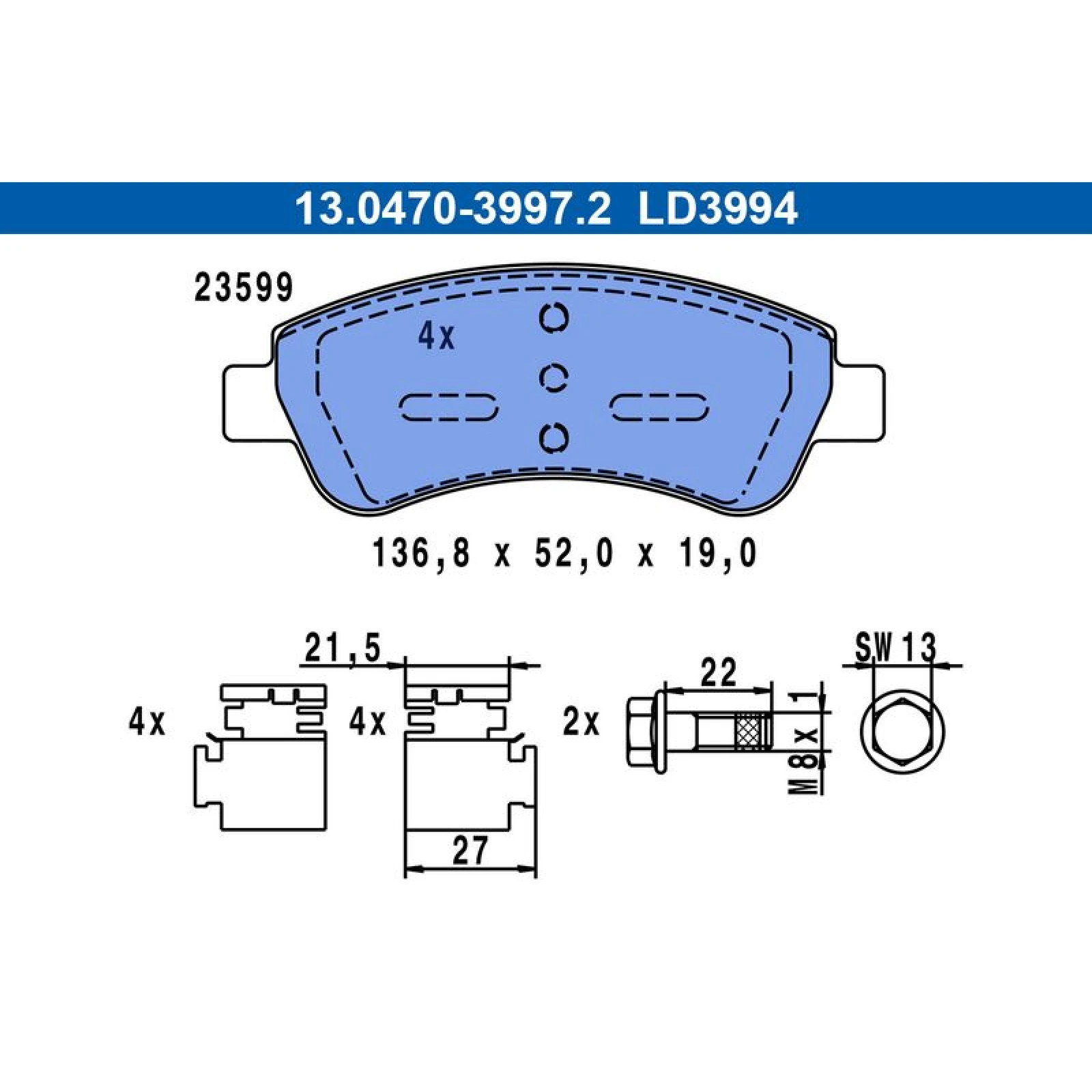Bremsbelagsatz Peugeot P. 206/207/208/301/307/1007/2008/Partner 1.1-2.0 96- Keramik 13.0470-3994.2