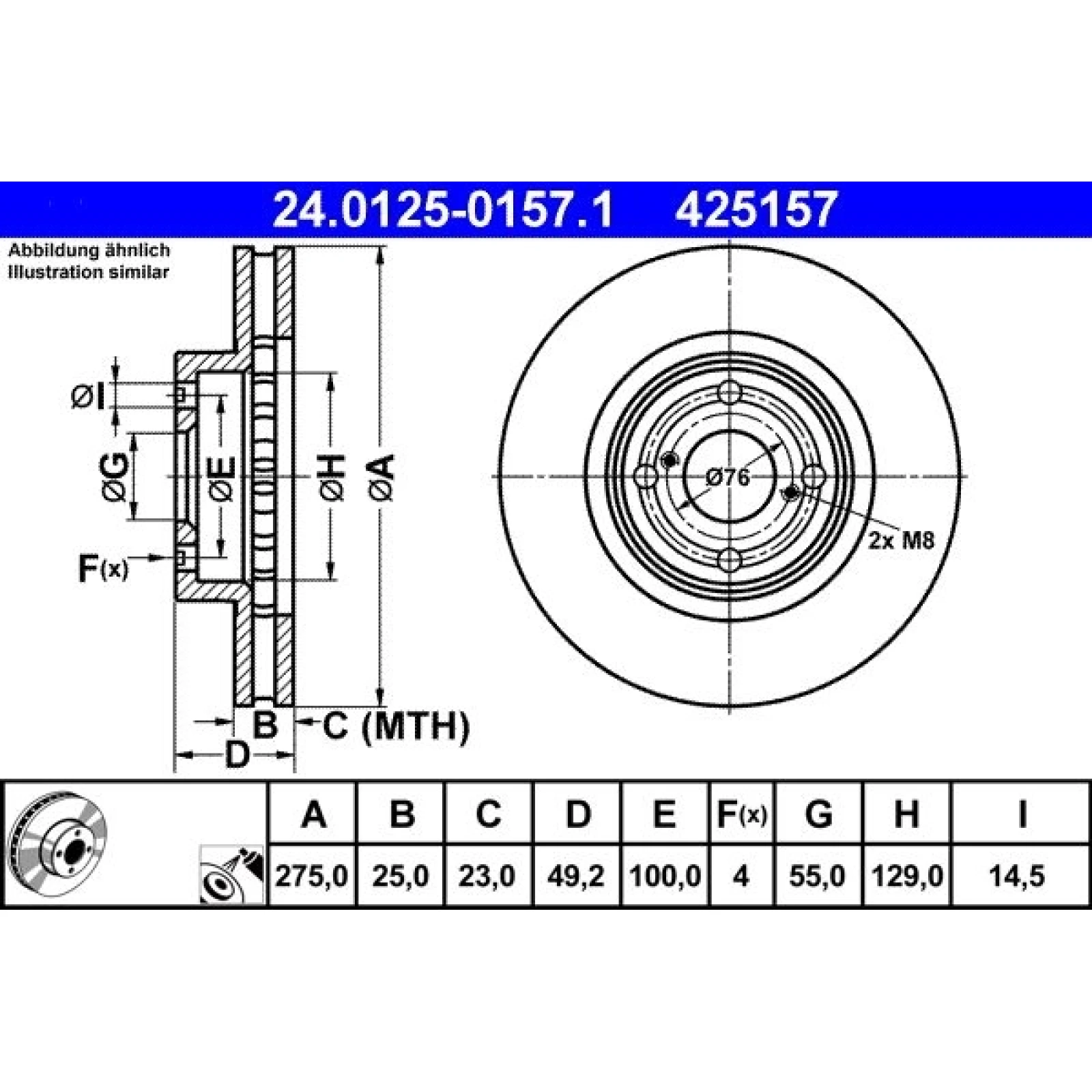 Bremsscheibe Toyota P. Corolla 1.4-2.0 D-4D 01-07 24.0125-0157.1