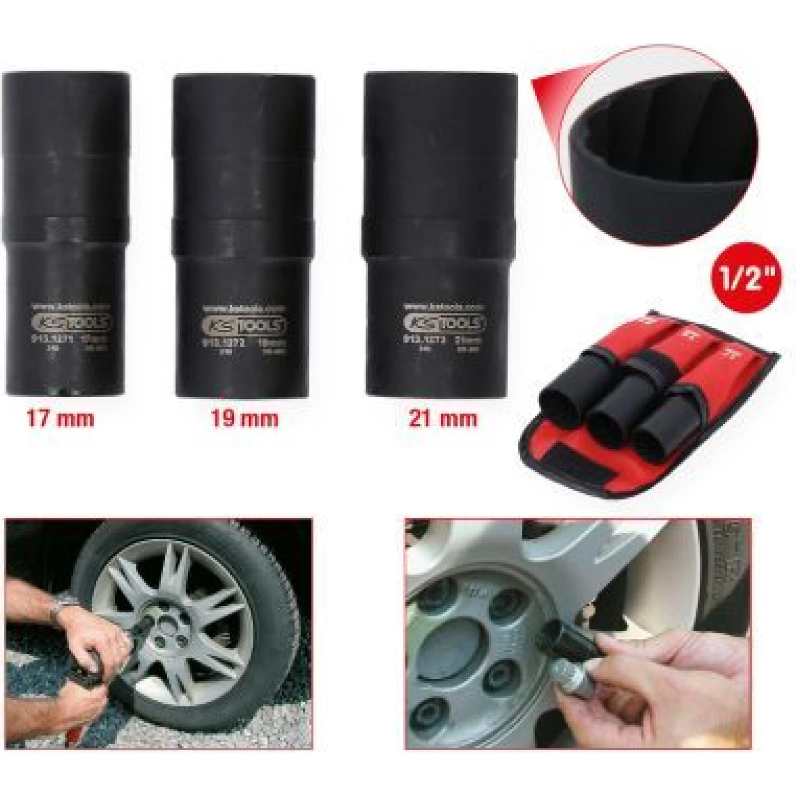 KS TOOLS Set aus 3-teiligen Power-Stecknussmuttern mit Spiralprofil, 17-21 mm 913.1270