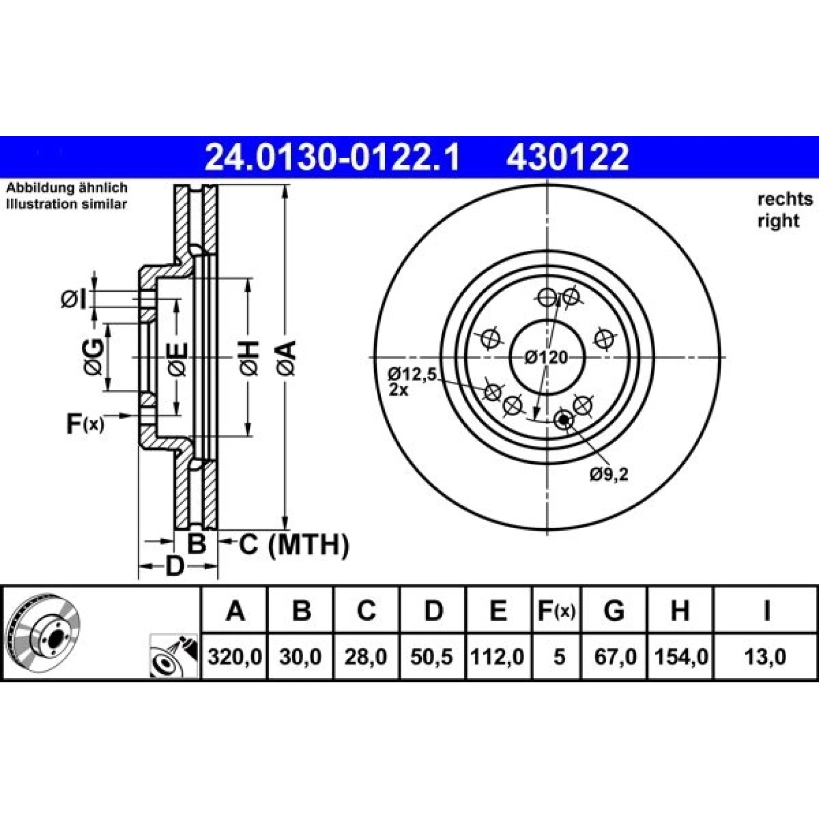 ATE Bremsscheibe Mercedes-Benz Vorderachse W124/R129 4.2-6.0 91-01 Pr 24.0130-0122.1