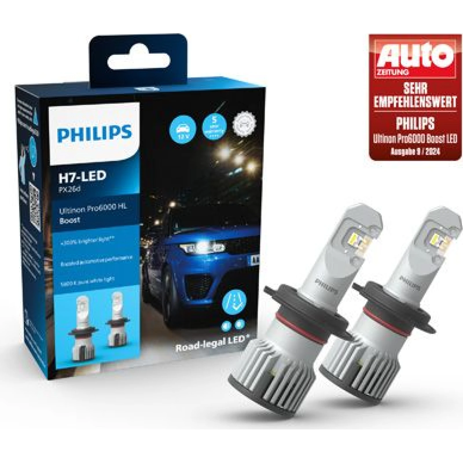 H7 12V 20W Ultinon Pro6000 Boost 5800K +300% mit Straßenzulassung 2 Stück Philips 11972U60BX2