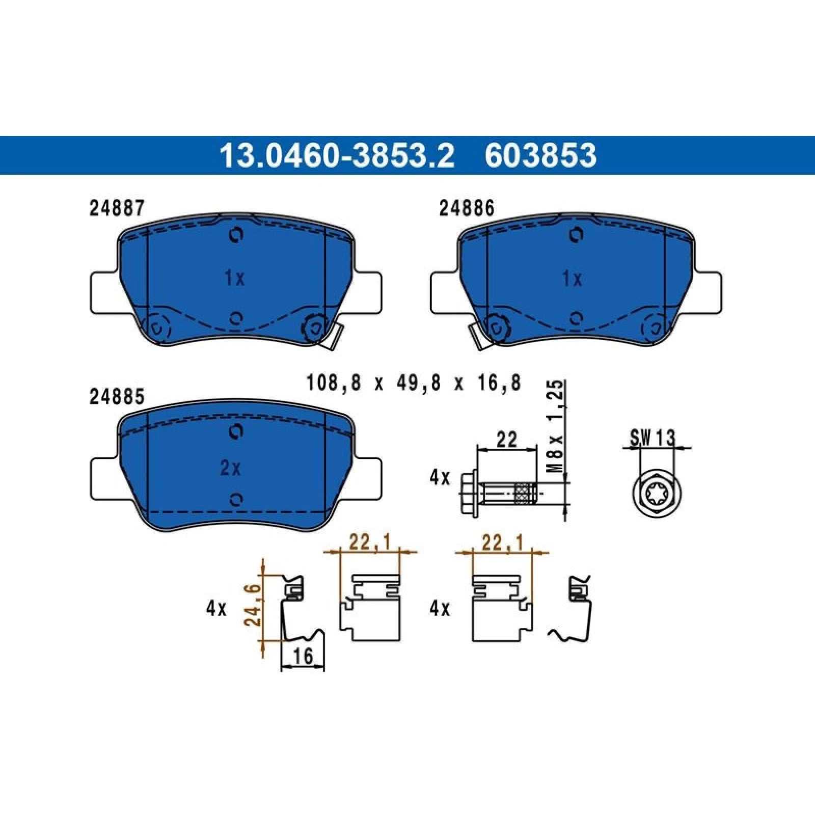 Bremsbelagsatz Toyota T. Avensis 1.6-2.2 D-4D 09 13.0460-3853.2