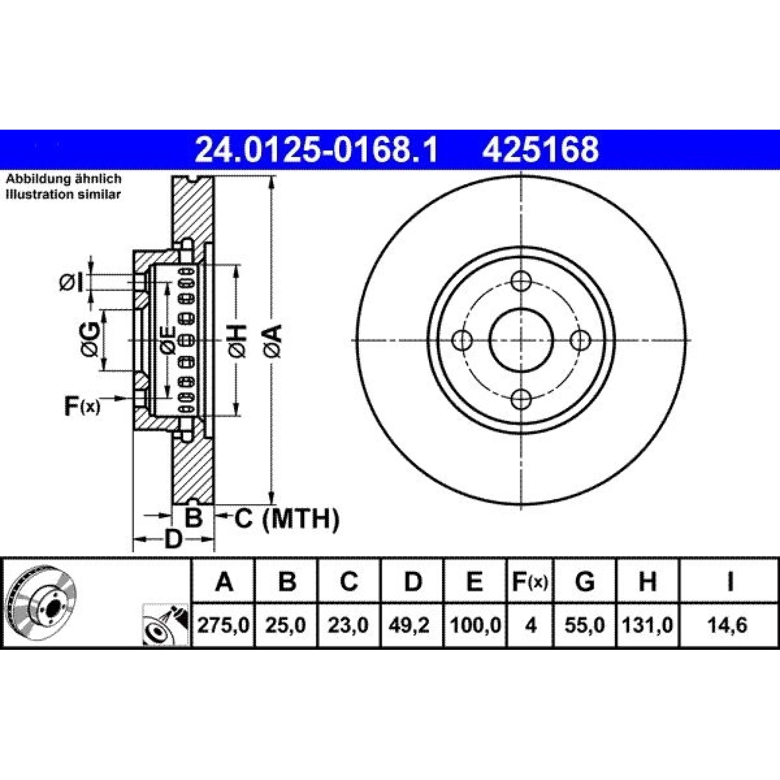 ATE Bremsscheibe Toyota Vorderachse Corolla 2.0 D-4D 02-07 24.0125-0168.1