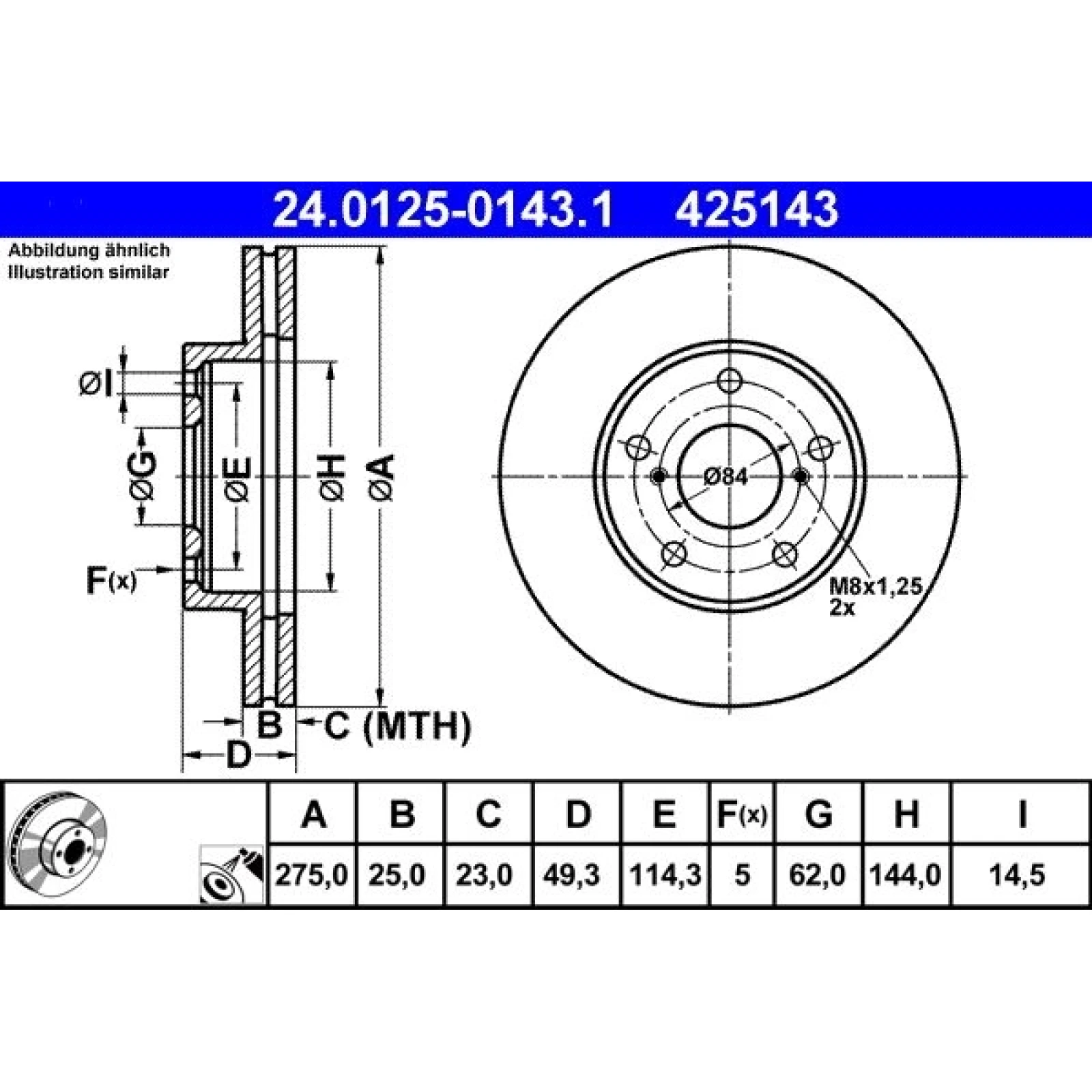 Bremsscheibe Toyota P. Rav4 1.8-2.4 4Wd 00-05 24.0125-0143.1