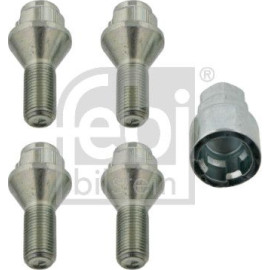 febi bilstein 27051 Radschraubensatz abschließbar M12 x 1,25 – Vorderachse, Hinterachse, Gesamtlänge: 50 mm, Länge unter Kopf: 23 mm, Gewindelänge: 23 mm, Außen-Ø: 23,7 mm, SW: 17 mm / 19 mm, Klasse: 8.8, Bundform: Kegelbund, Stahl, verchromt, OE B 323