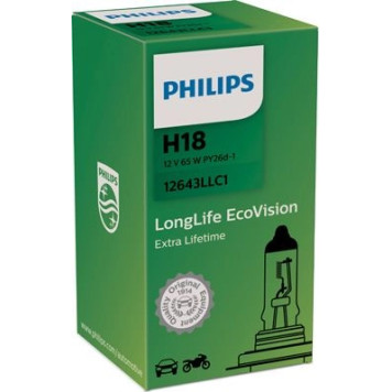 12643LLC1 PHILIPS H18 Halogenlampe LongLife EcoVision 12 V 65 W PY26d-1, 1 Stück - 12643LLC1 - l