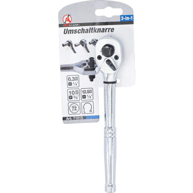 BGS Umschaltknarre Vollstahl feinverzahnt 3-in-1 Abtrieb Außenvierkant 6,3 mm (1/4 ) / 10 mm (3/8 ) / 12,5 mm (1/2 ) BGS Do it yourself 71015