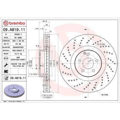 15 481 093 Bremsscheibe VA MERCEDES W221,R230 SL500 05 PRIME LINE - UV Coated 09.A819.11