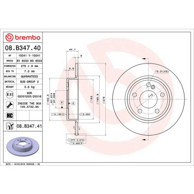 15 482 045 Bremsscheibe HA MERCEDES W246 11 PRIME LINE - UV Coated 08.B347.40