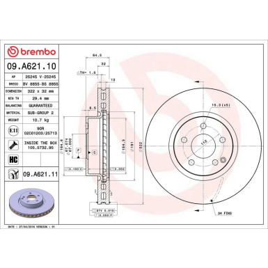 15 481 076 Bremsscheibe VA MERCEDES W204,W212 07 PRIME LINE - UV Coated 09.A621.11