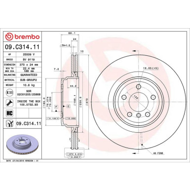 11 482 070 Bremsscheibe HA BMW 5 2009 --, 7 2008 PRIME LINE - UV Coated 09.C314.11