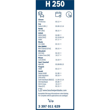 BOSCH | Wischerblatt H250 | TWIN-Standard, Fiat Sedici | 3397011629
