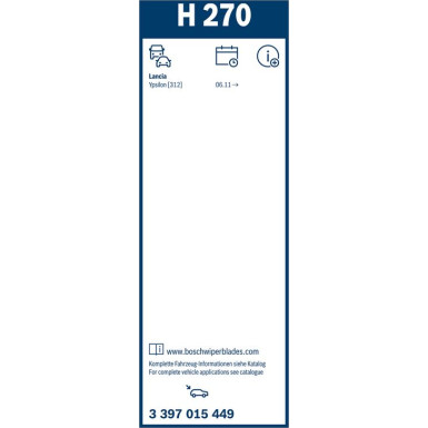 BOSCH | Heckscheibenwischer H270 | LANCIA Ypsilon 05.11 | 3397015449