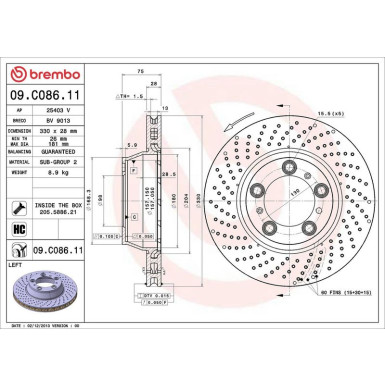 13 482 020 Bremsscheibe HA li PORSCHE 911 996/991/997 04 PRIME LINE - UV Coated 09.C086.11