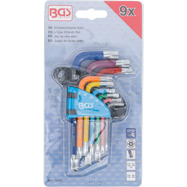 BGS Torx Winkelschlüssel-Satz Multicolour kurz mit Bohrung und Kugelkopf | 74463