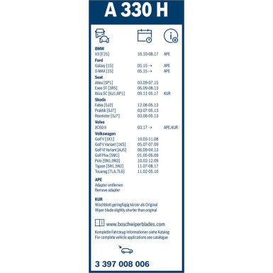BOSCH | Scheibenwischer Aerotwin A330H | VW Golf, Polo, SKODA Fabia | 3397008006