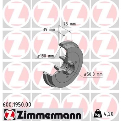 ZIMMERMANN Bremstrommel | 600.1950.00