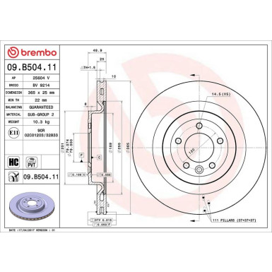 52 482 017 Bremsscheibe HA LAND ROVER Range Rover 12 PRIME LINE - UV Coated 09.B504.11
