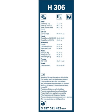 BOSCH | Wischerblatt H306 | BMW,Citroen,Honda,Nissan,Peugeot,Mitsubishi | 3397011432