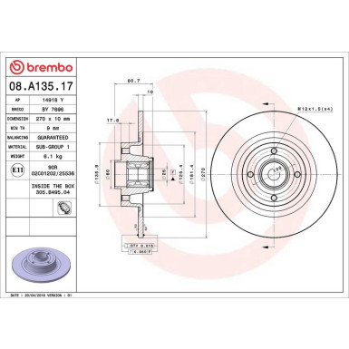 72 482 025 m.Radl. Bremsscheibe HA RENAULT Megane,Scenic 03 PRIME LINE - With Bearing Kit 08.A135.17 72 482 025 m.Radl. Bremsscheibe HA RENAULT Megane,Scenic 03 PRIME LINE - With Bearing Kit 08.A135.17
