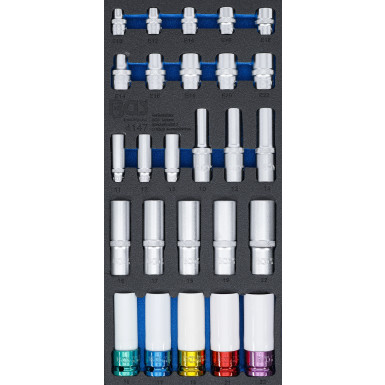 BGS Werkstattwageneinlage 1/3: Steckschlüssel-Einsätze | Sechskant, tief 11  22 mm | E-Profil E10 - E22 | 6,3 mm (1/4""""), 10 mm (3/8""""), 12,5 mm (1/2"""") | 26-tlg | 4147
