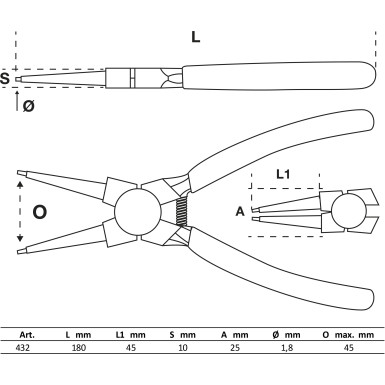 BGS Sprengringzange | gerade | für Innensprengringe | 180 mm | 432