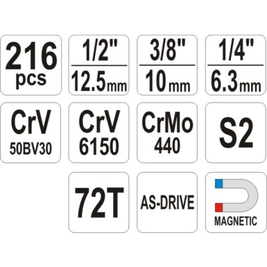 Steckschlüsselsatz Xxl Typ2 1/2 + 3/8 + 1/4 216-Tlg | YT-38841