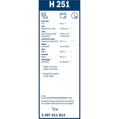 BOSCH | Heckscheibenwischer H251 | Opel Mokka, Jeep, Landrover | 3397011813