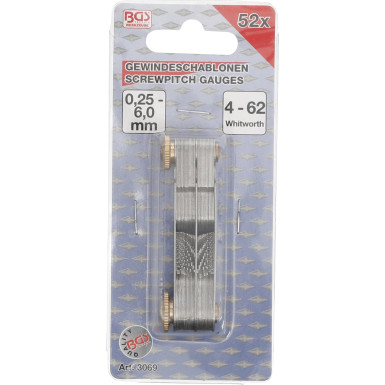 BGS Doppel-Gewindeschablone, 52 Blatt | metrisch 0,25 - 6,0 mm, Whitworth 4G - 62G | 3069