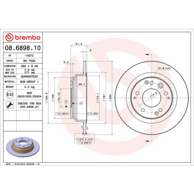 86 482 009 Bremsscheibe HA HONDA Legend,Shuttle 91 PRIME LINE 08.6898.10