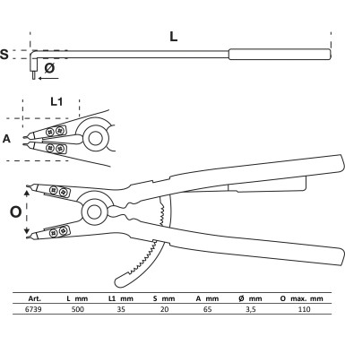 BGS Sprengringzange | abgewinkelt | für Außensprengringe | 500 mm | 6739