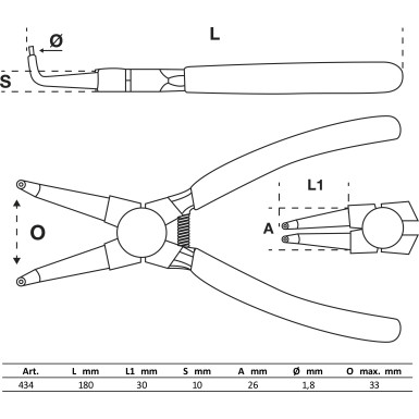 BGS Sprengringzange | gebogen | für Innensprengringe | 180 mm | 434