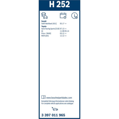 BOSCH | Heckscheibenwischer H252 | Toyota Auris, Prius, RAV4, iQ | 3397011965