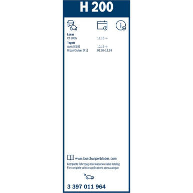 BOSCH | Heckscheibenwischer H200 | Lexus, Toyota Auris | 3397011964